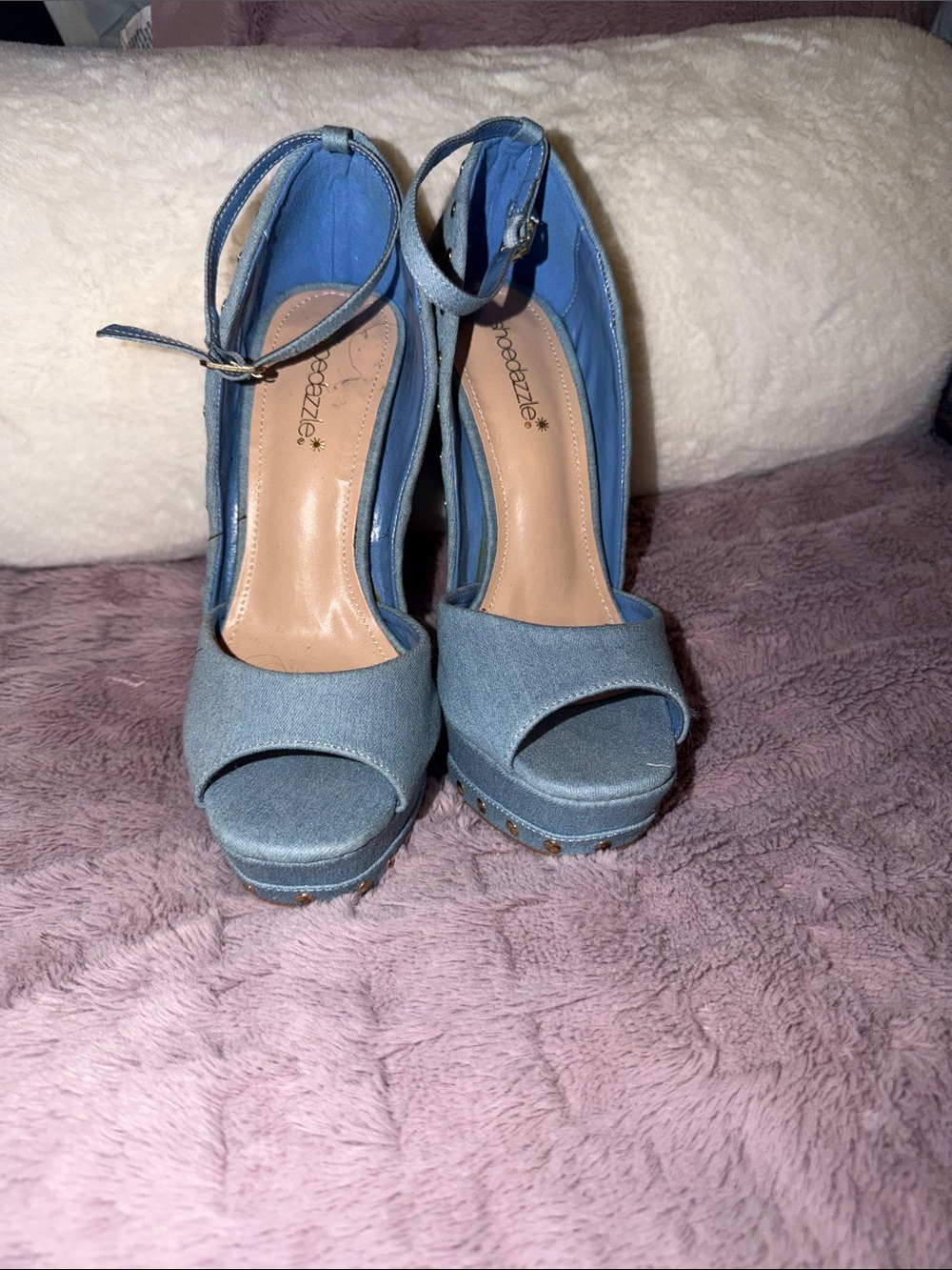 Denim Blue Peep-Toe Platform Sandals with Ankle Strap